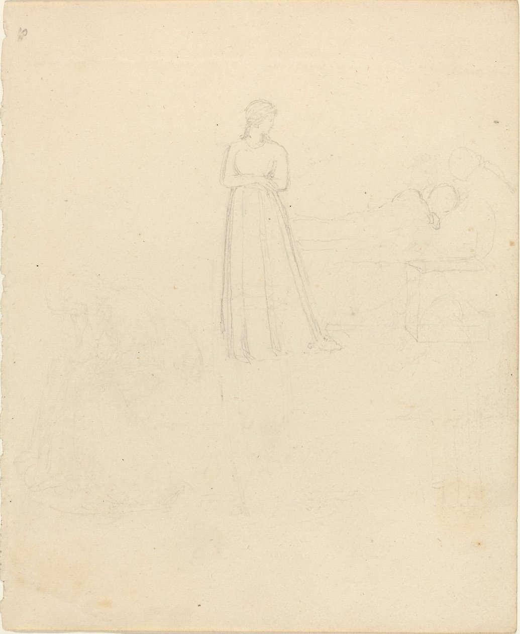 Figure féminine debout regardant des figures allongées et assises - John Flaxman
