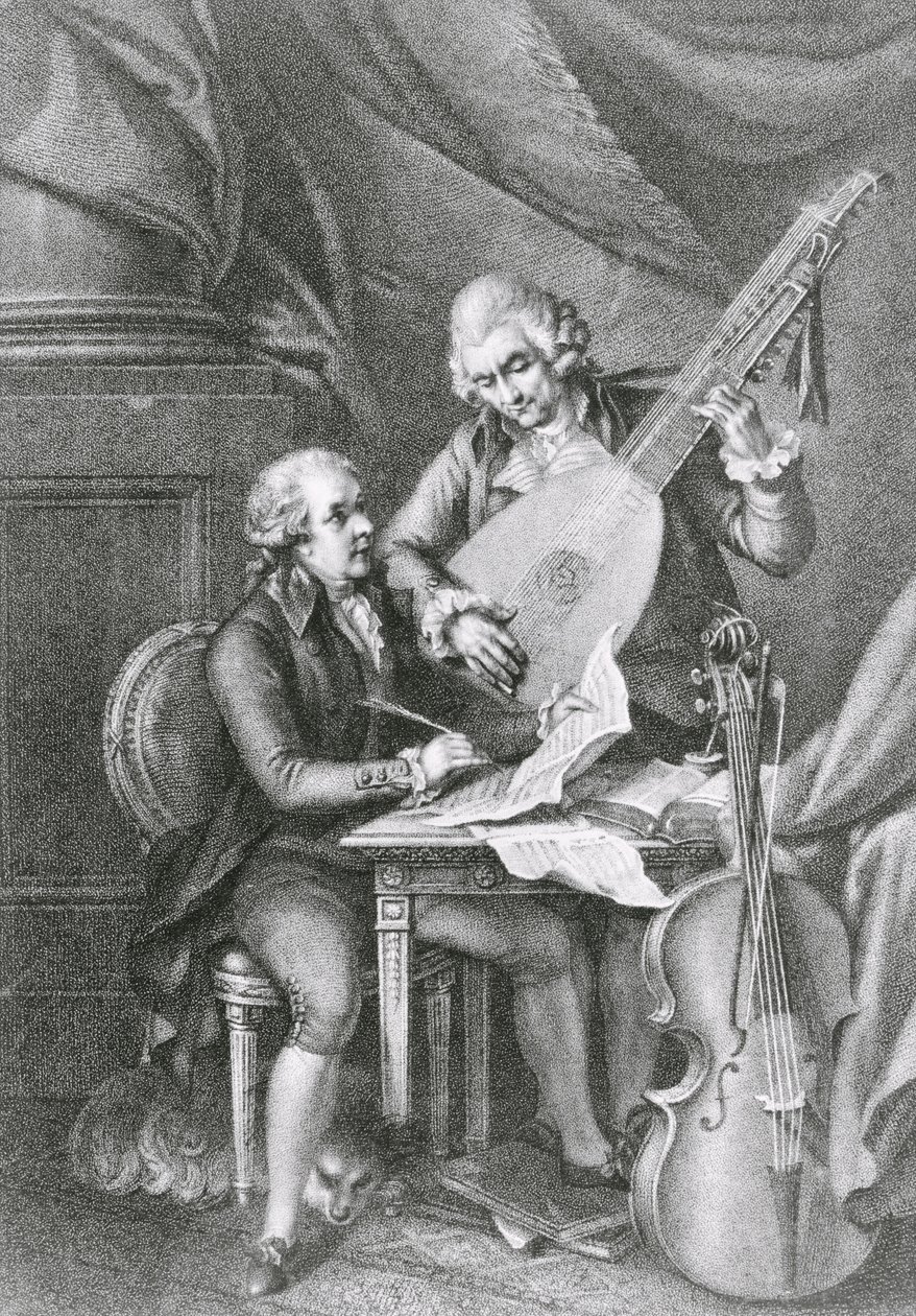 Portrait de Franz Joseph Haydn et Wolfgang Amadeus Mozart composant de la musique pour le luth, gravé par Michele Benedetti - John Francis Rigaud