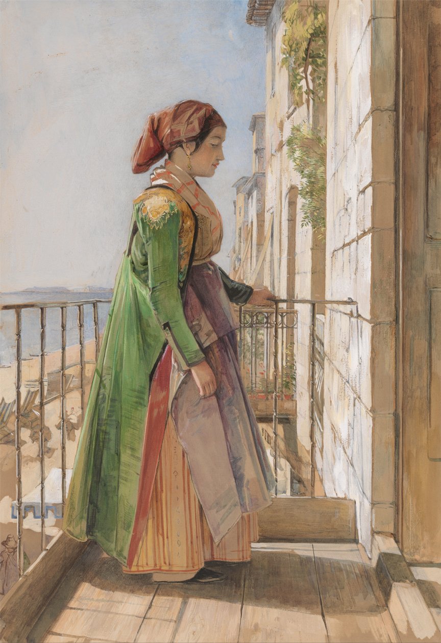 Une jeune fille grecque debout sur un balcon - John Frederick Lewis