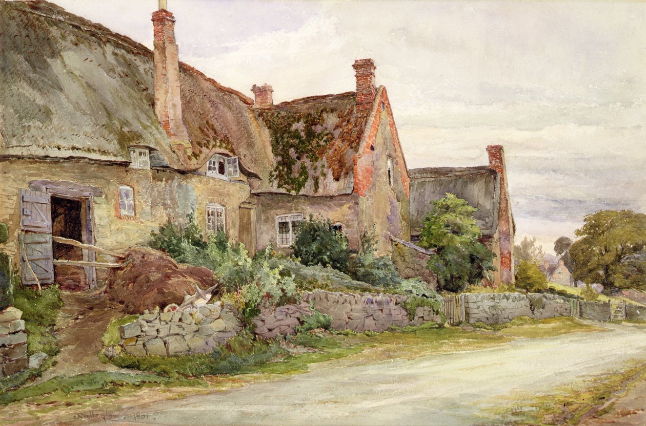 Cottage au toit de chaume avec grange attenante, 1881 - John Fulleylove