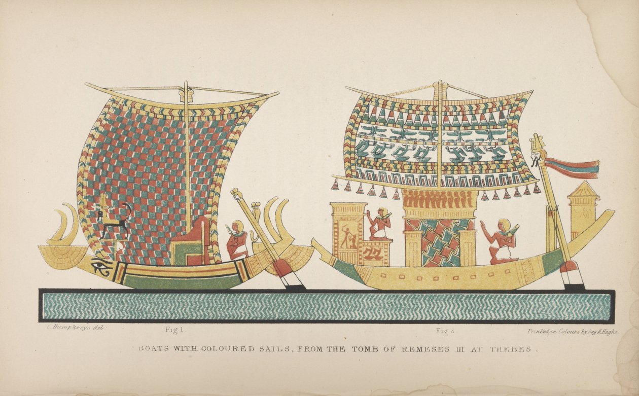Bateaux avec des voiles colorées, de la tombe de Ramsès III à Thèbes, illustration de "Manners and Customs of the ancient Egyptians...", 1837-41 - John Gardner Wilkinson