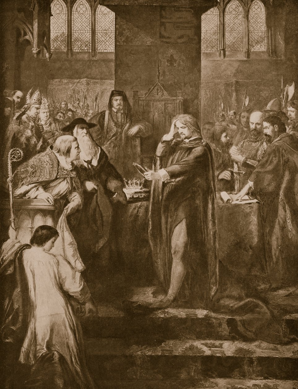 Le roi Richard II abdiquant la couronne à son cousin Bolingbroke, illustration de 