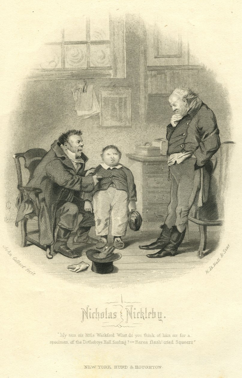 Nicholas Nickleby : Wackford Squeers et le jeune Wackford Squeers, gravé par H.B. Hall et Fils, 1867 - John Gilbert
