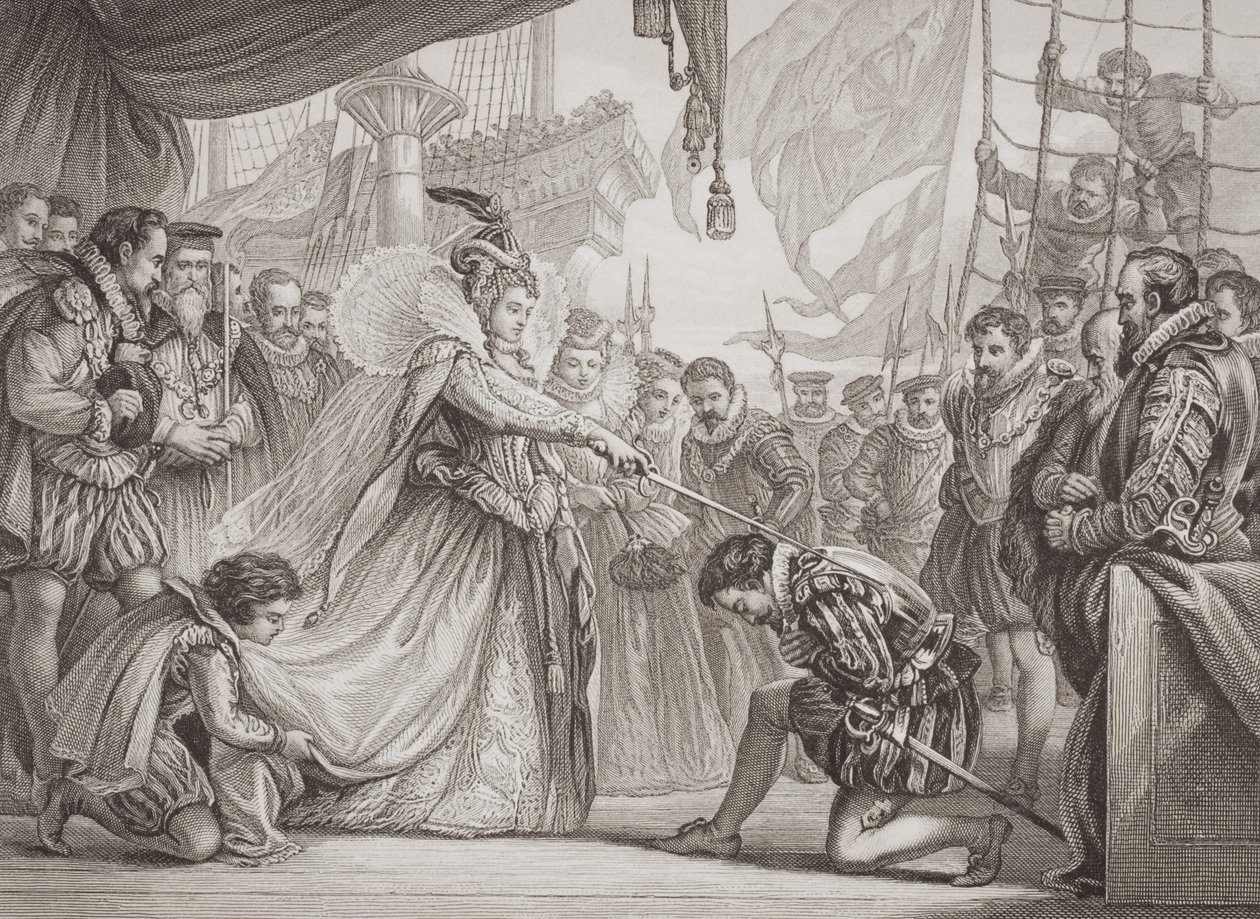 La reine Élisabeth I (1530-1603) adoubant Francis Drake (1540-96) de 