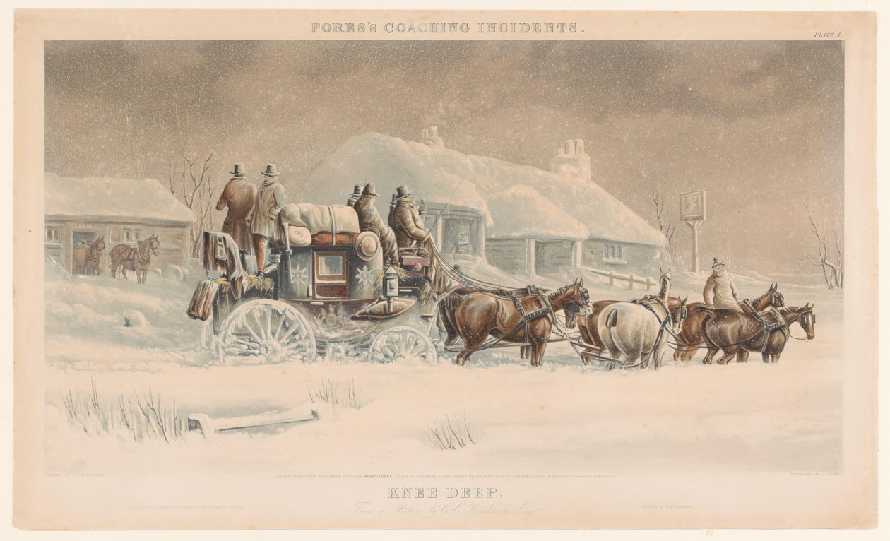 Caleche avec six chevaux dans la neige dans un paysage d