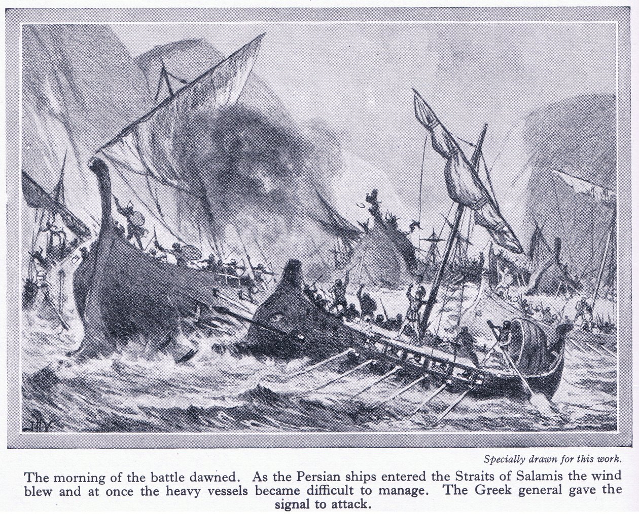 Bataille de Salamine : Lorsque les navires perses entrèrent dans les détroits de Salamine, le vent souffla et ils devinrent difficiles à manœuvrer, vers 1950 - John Harris Valda
