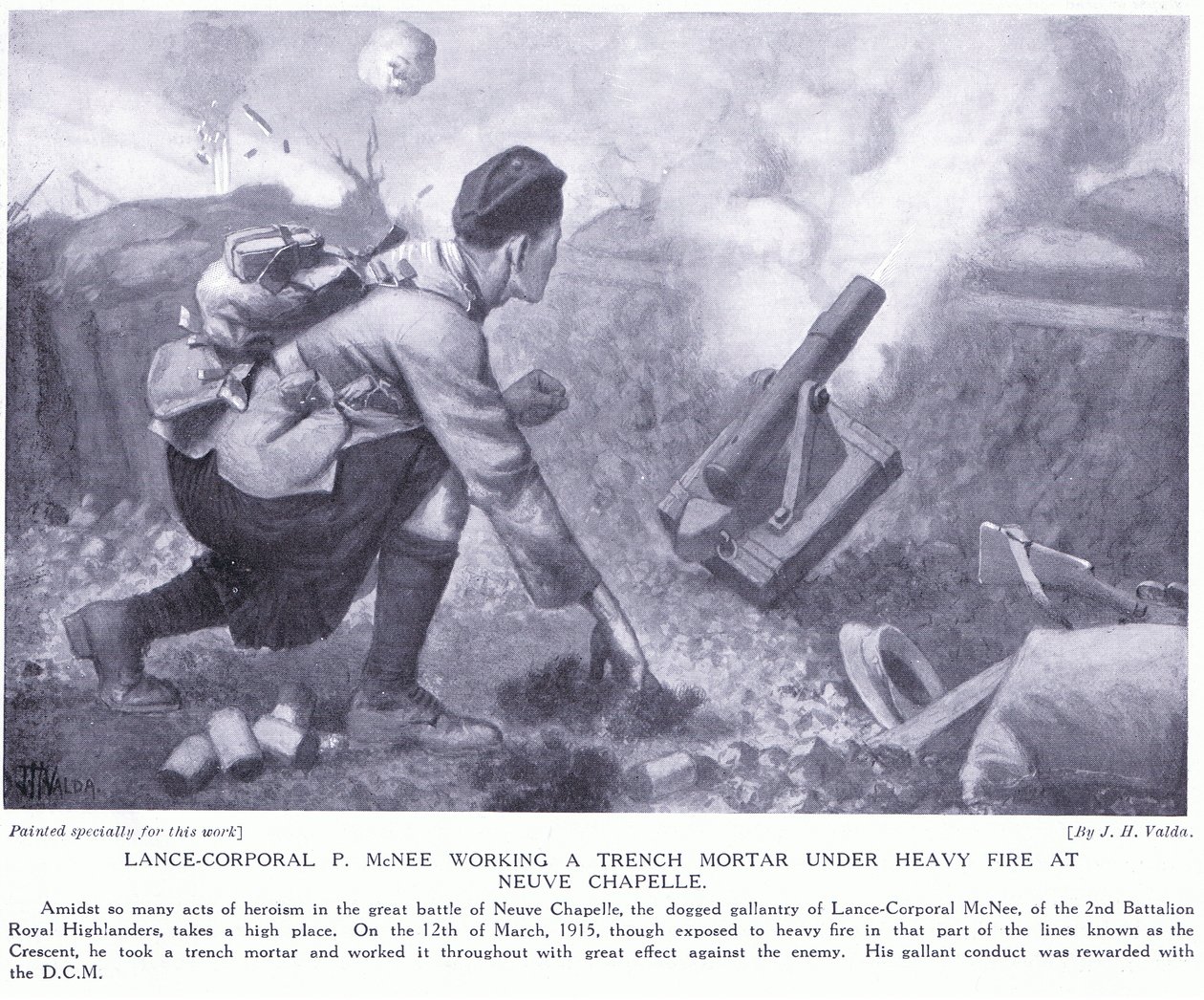 Caporal P McNee travaillant un mortier de tranchée sous un feu intense à Neuve-Chapelle - John Harris Valda