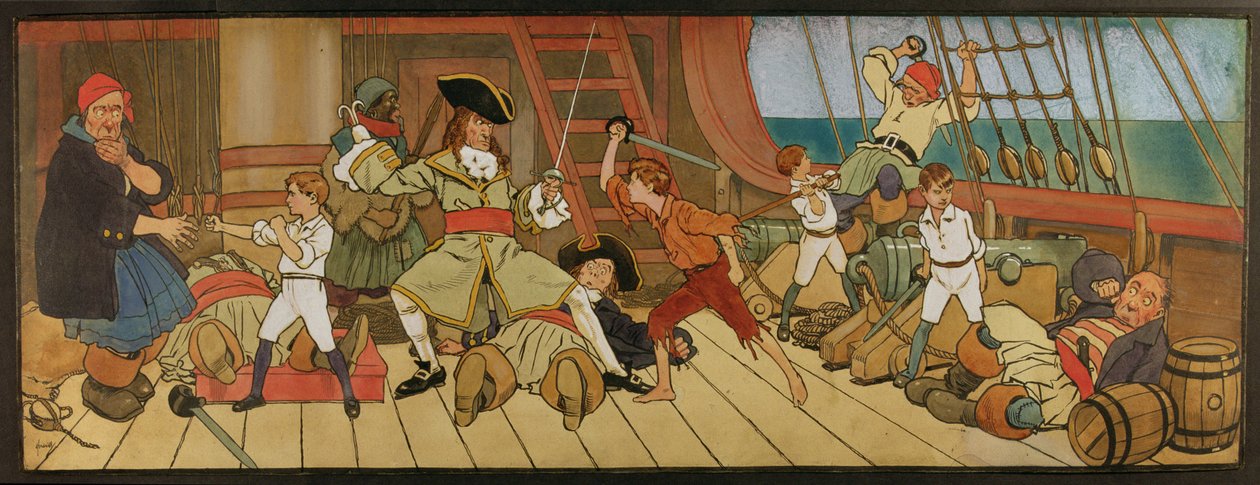 Les garçons perdus en combat avec les pirates et Peter dans le duel final avec le capitaine Crochet, illustration de 