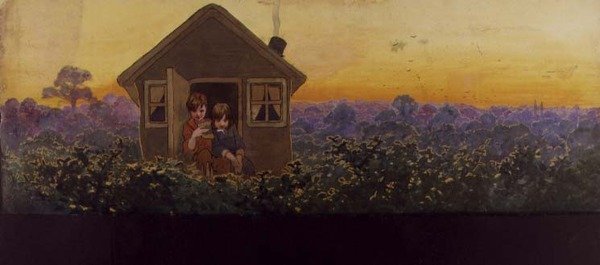 Les Cimes des arbres au coucher du soleil un an plus tard : Peter dans la petite maison avec Wendy lors de sa visite annuelle de nettoyage de printemps, Illustration de 