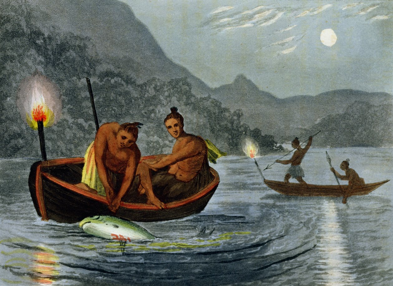 Pêche à la torche en Amérique du Nord, gravé par H. Merke, publié par Edward Orme, 1813 - John Heaviside Clark