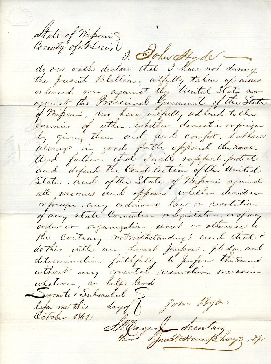 Serment de loyauté de John Hyde du Missouri, comté de St. Louis - John Hyde