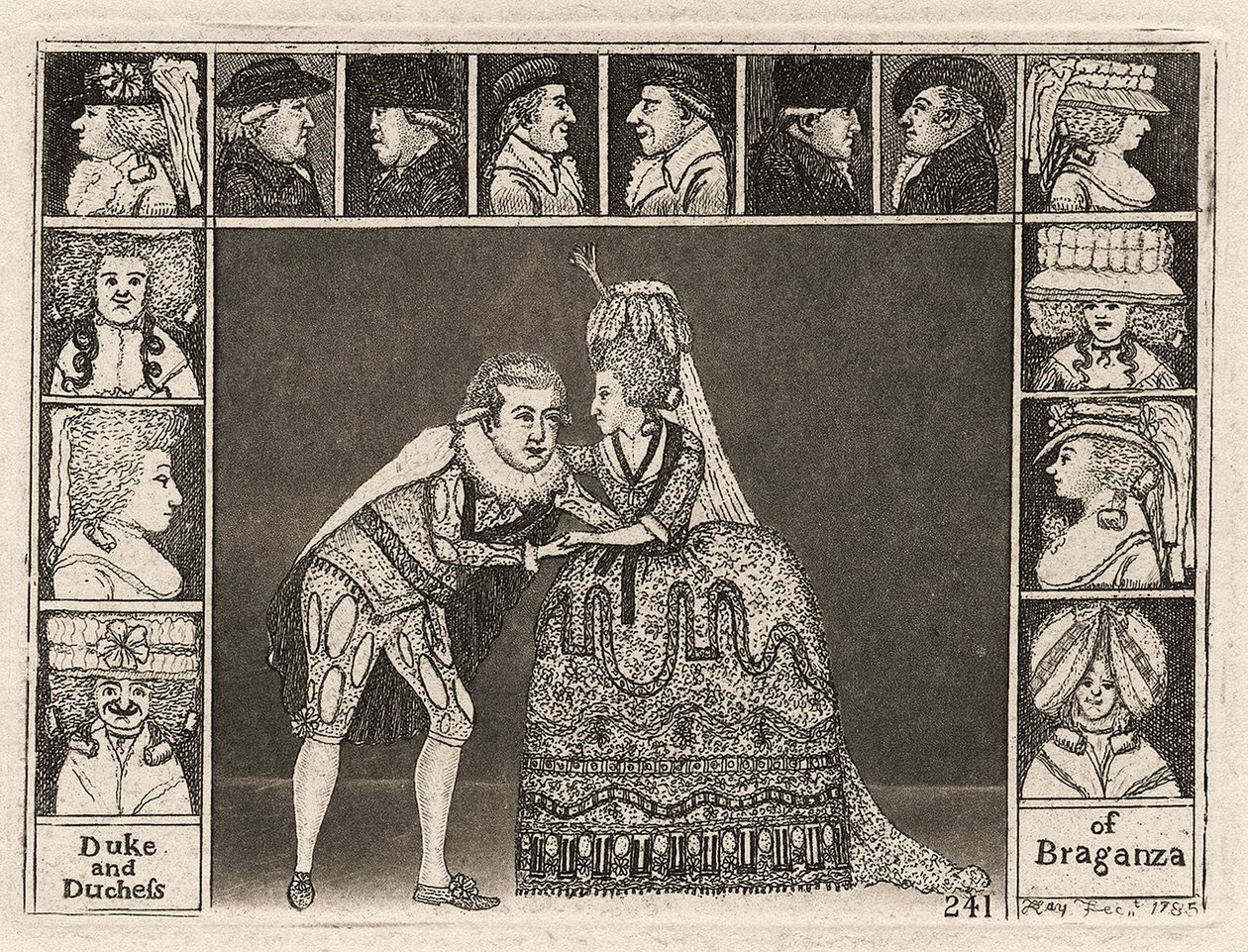 Mary Ann Yates et Laurence Clinch jouant le duc et la duchesse de Bragance dans Braganza entourés par des membres du public, 1785 - John Kay