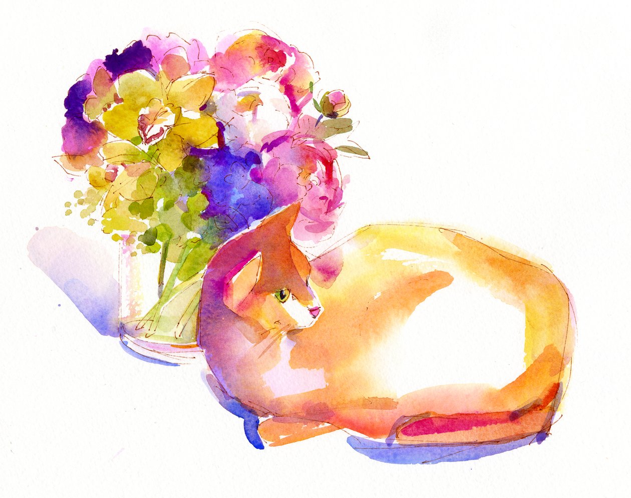 Chat orange avec des fleurs - John Keeling