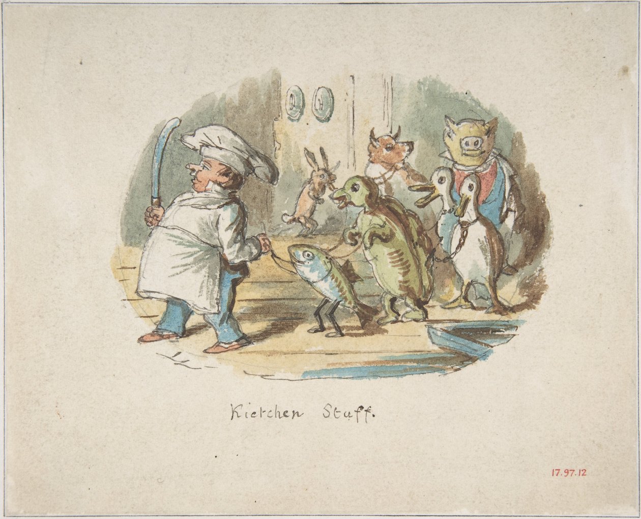 Personnel de cuisine (recto) ; Paysage de montagne avec un randonneur (verso) - John Leech