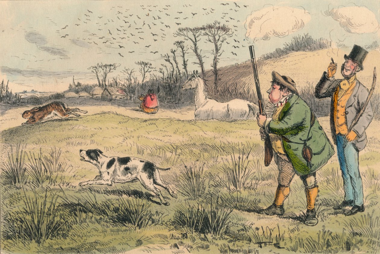 M. Jogglebury Crowdey avec son chien et son fusil, vers 1860 - John Leech