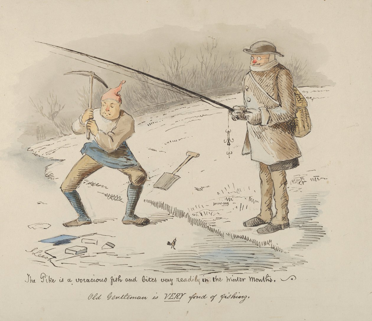 Le brochet est un poisson vorace et mord facilement en hiver - Vieux monsieur..., 1830-1864 - John Leech