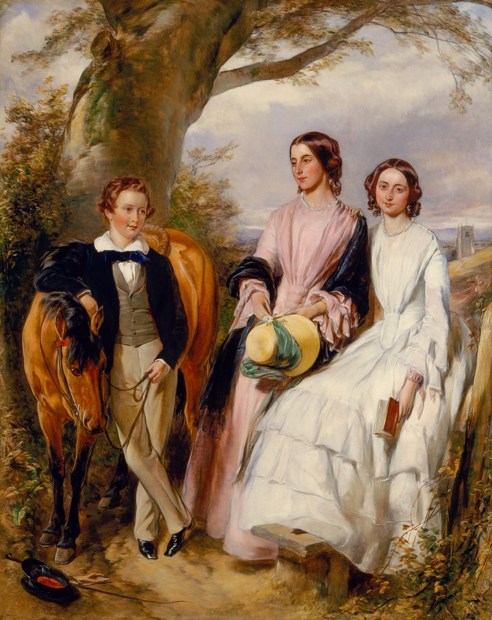 Portrait de groupe de deux femmes, un garçon et son poney - John Lucas