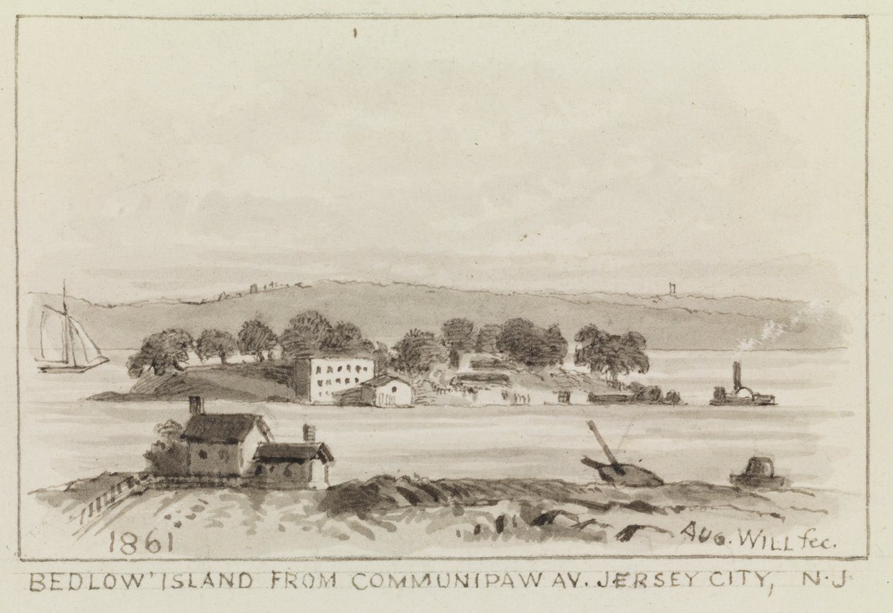 Île Bedlow depuis Communipaw Av., Jersey City, N.J., 1861 - John M. August Will