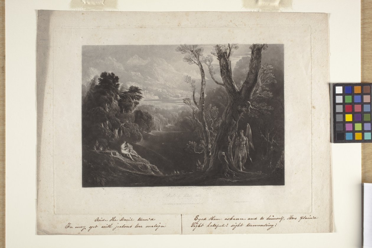 Satan contemplant Adam et Eve au Paradis (mezzotint) - John Marin
