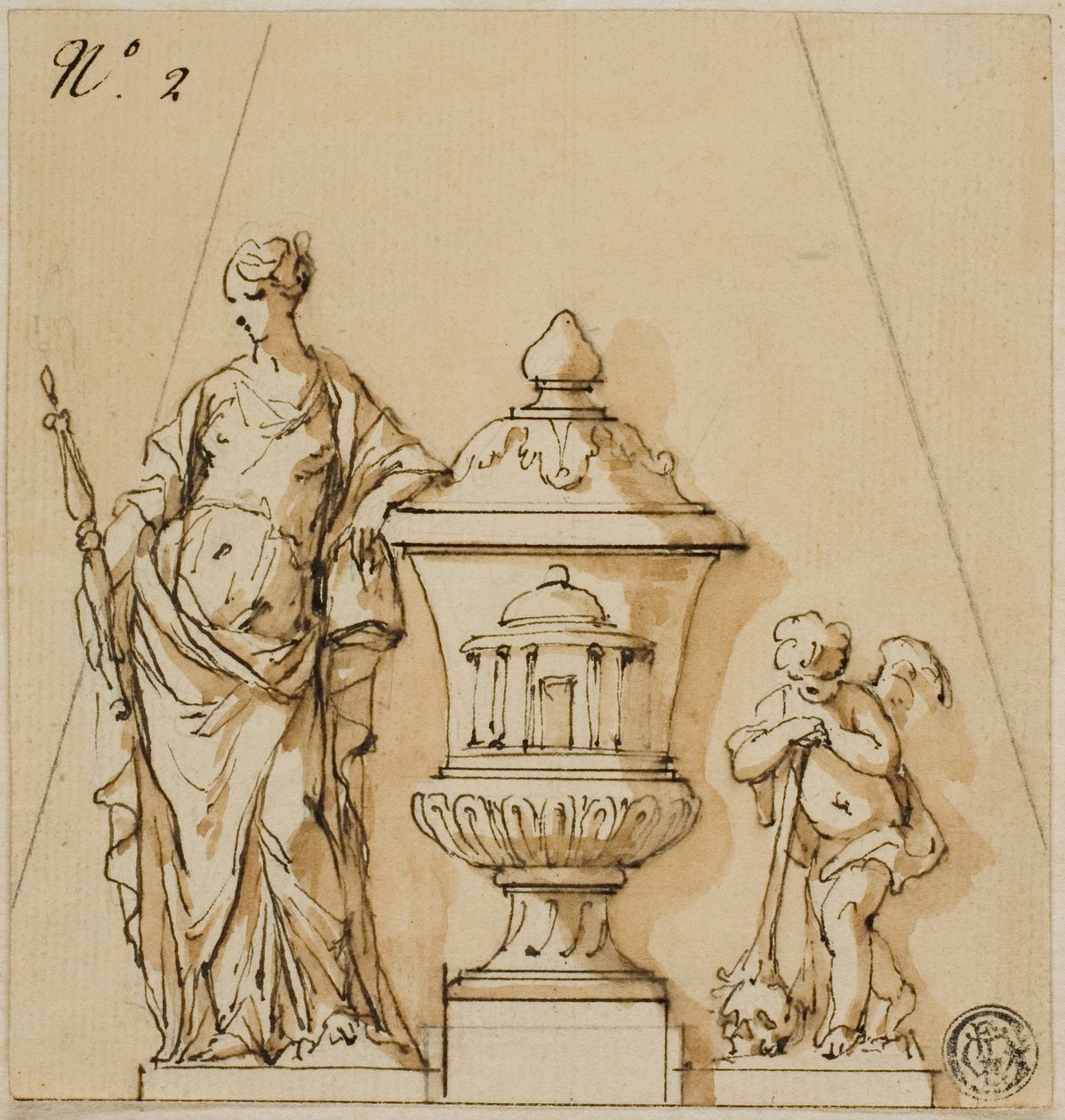 Conception pour un monument funéraire avec le Destin, Urne, Putto - John Michael Rysbrack
