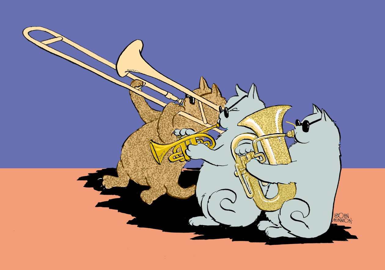 Caricature de trois chats portant des lunettes de soleil et jouant du trombone, de la trompette et du tuba - John Minnion