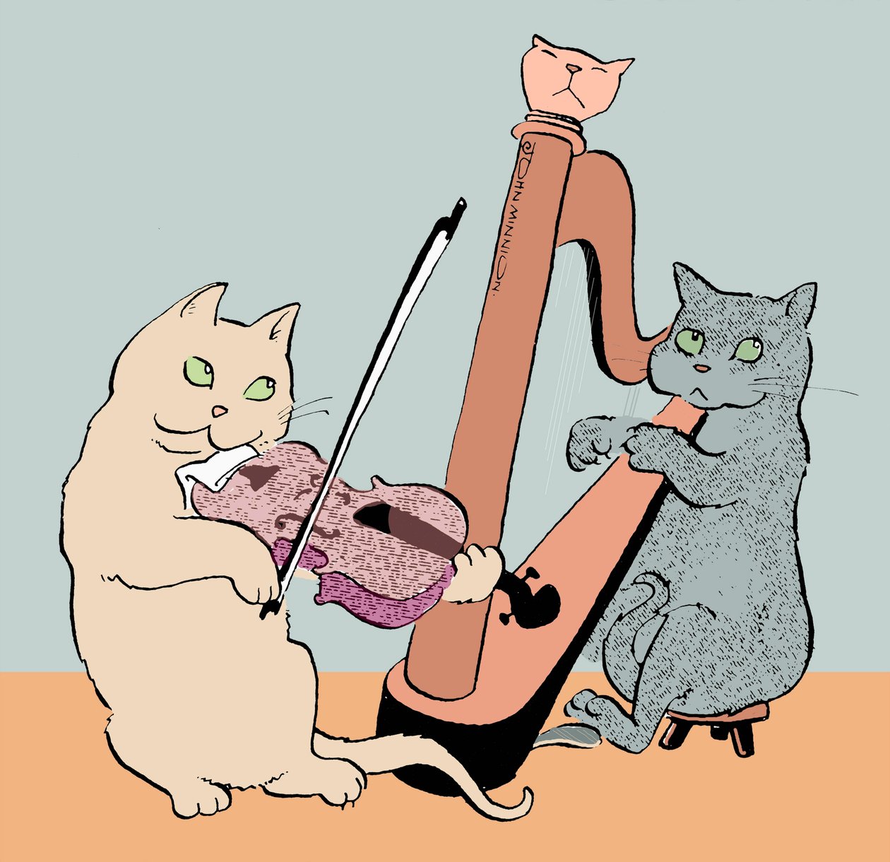 Caricature de deux chats jouant de la harpe et de l