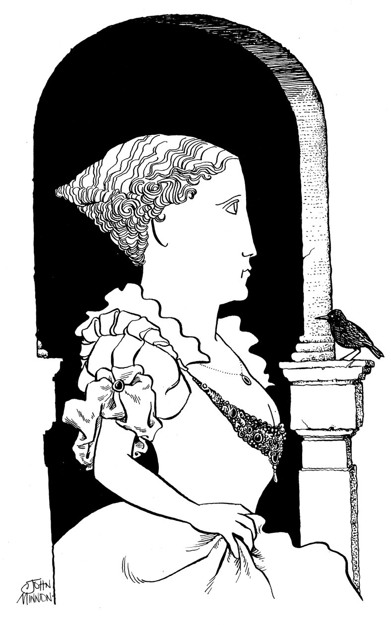 Francesca Caccini, Karikatur der florentinischen Sängerin und Komponistin von John Minnion