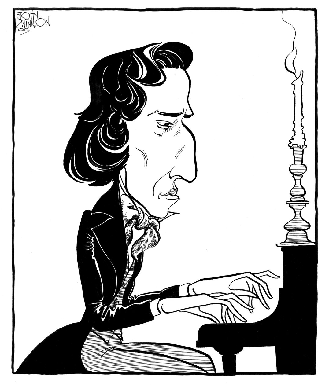 Frédéric Chopin - caricature du compositeur et pianiste polonais jouant du piano - John Minnion