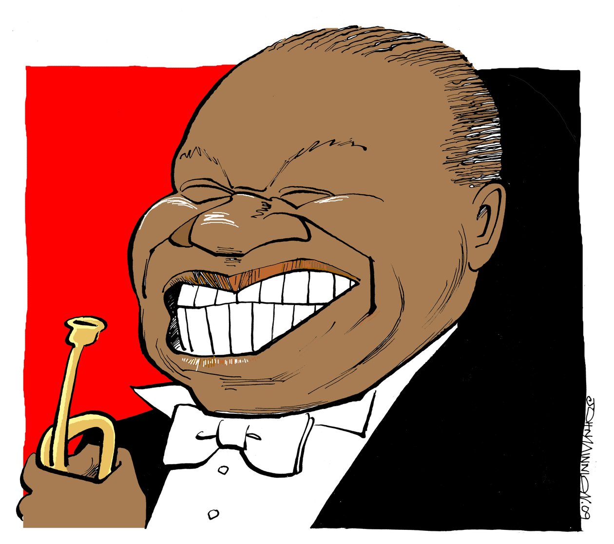 Louis Armstrong - caricature, jouant de la trompette - John Minnion