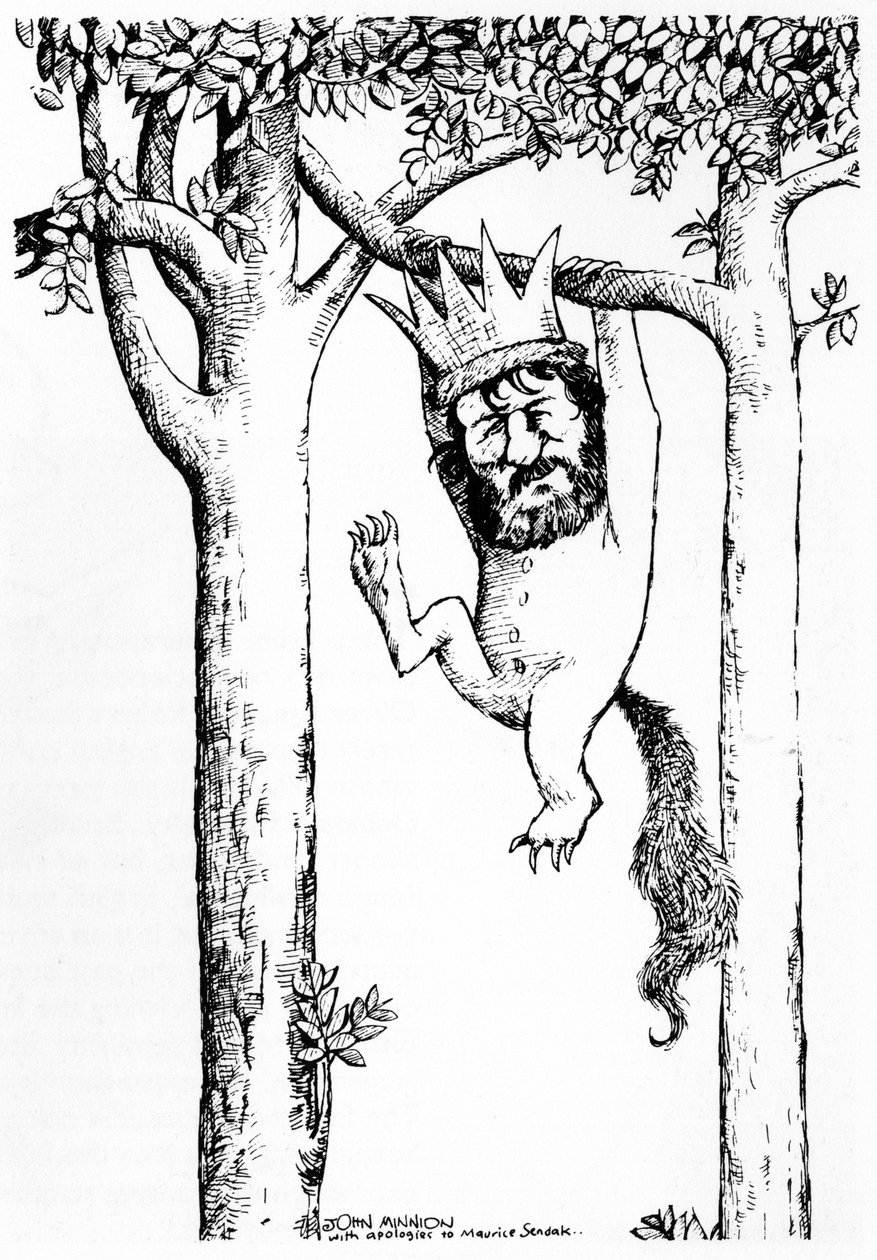 Oliver Knussen - caricature suspendue à un arbre avec une couronne - compositeur et chef d