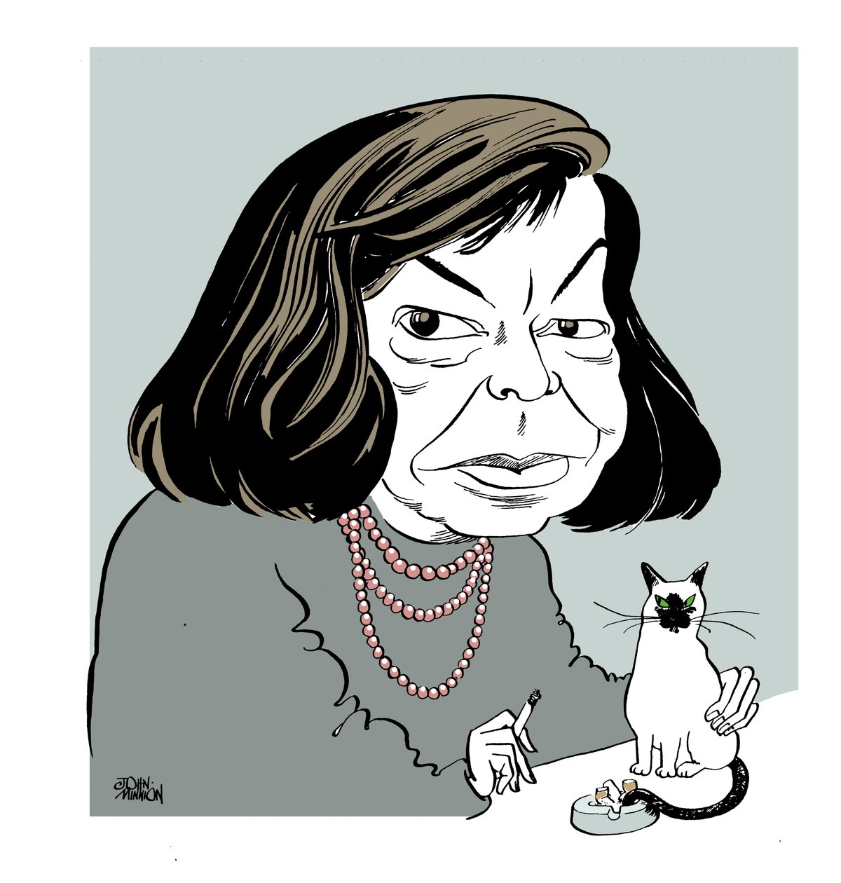 Patricia Highsmith - caricature avec son chat, fumant - John Minnion
