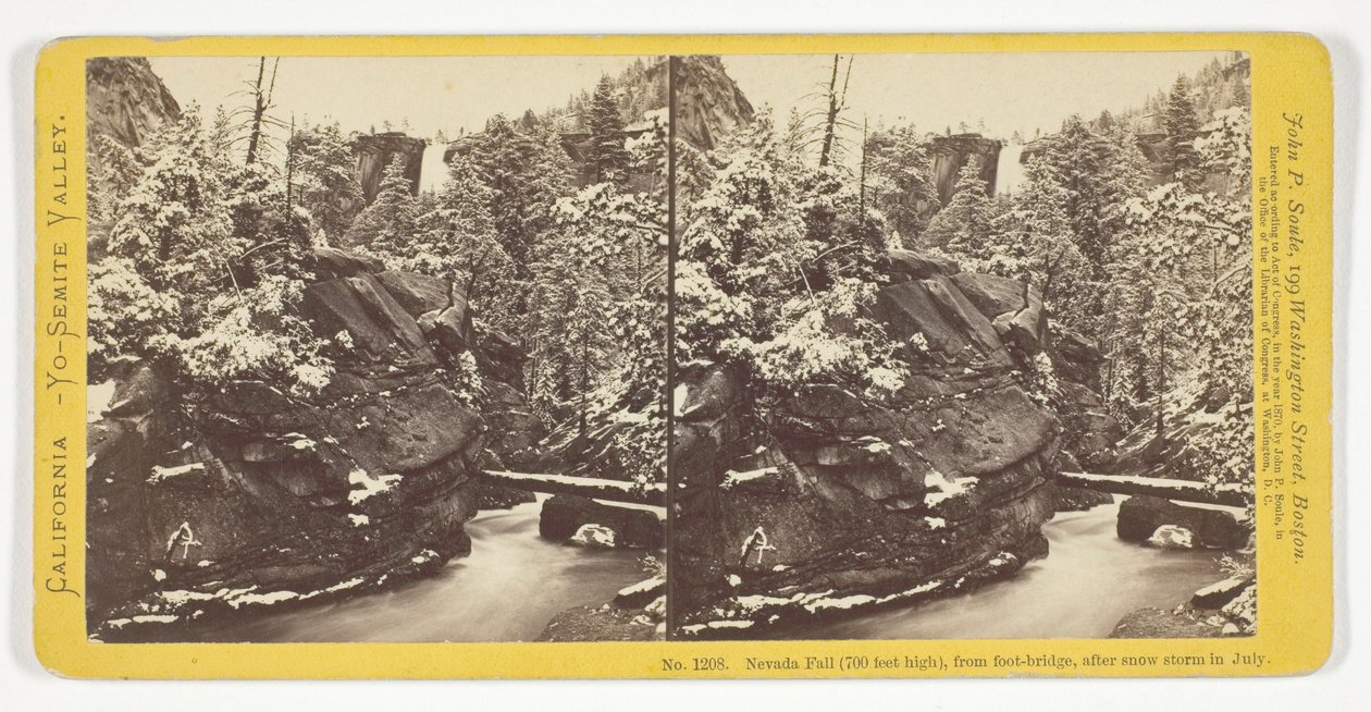 La cascade du Nevada (700 pieds de haut), vue depuis la passerelle, après une tempête de neige en juillet, n° 1208 de la série « Californie — Vallée de Yosemite » - John P. Soule