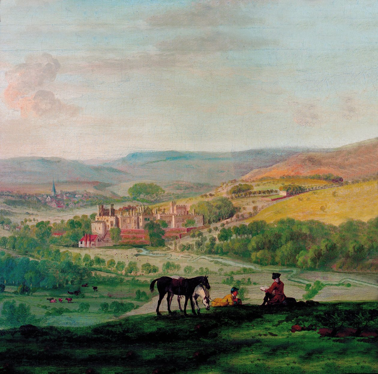 Vue du XVIIIe siècle de Haddon Hall avec le village de Bakewell en arrière-plan - John Raphael Smith