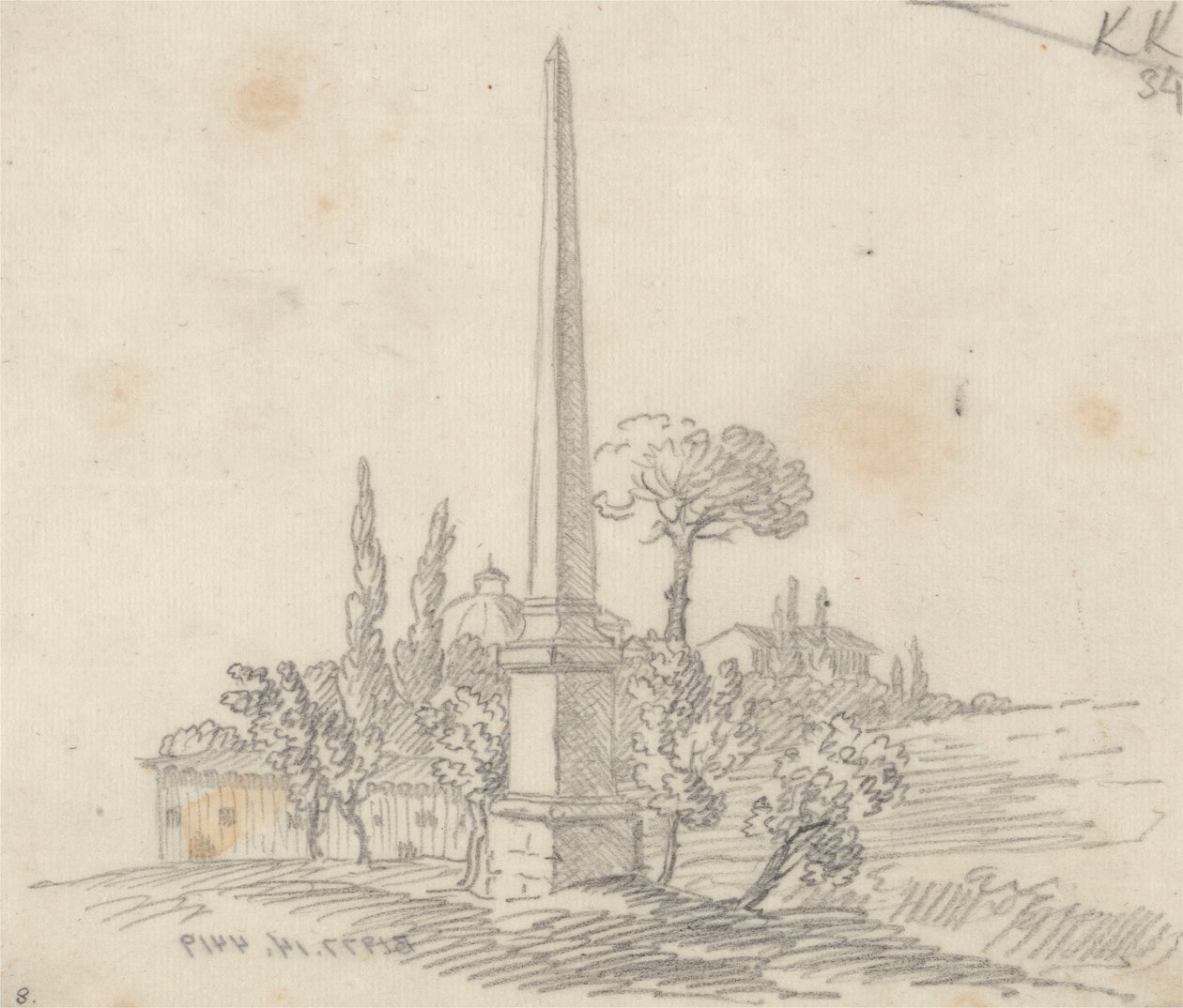 Un obélisque avec des toits et des arbres au loin - John Robert Cozens