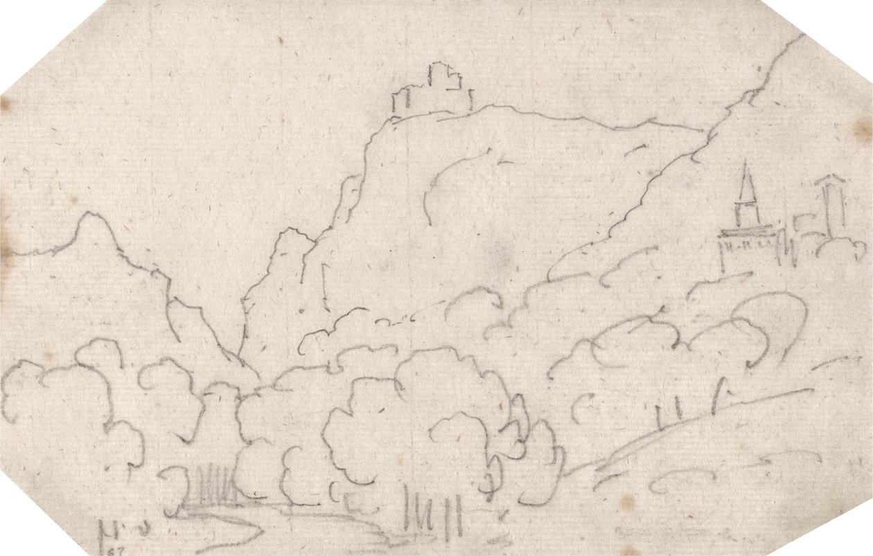 Vue de montagne avec bâtiments - John Robert Cozens