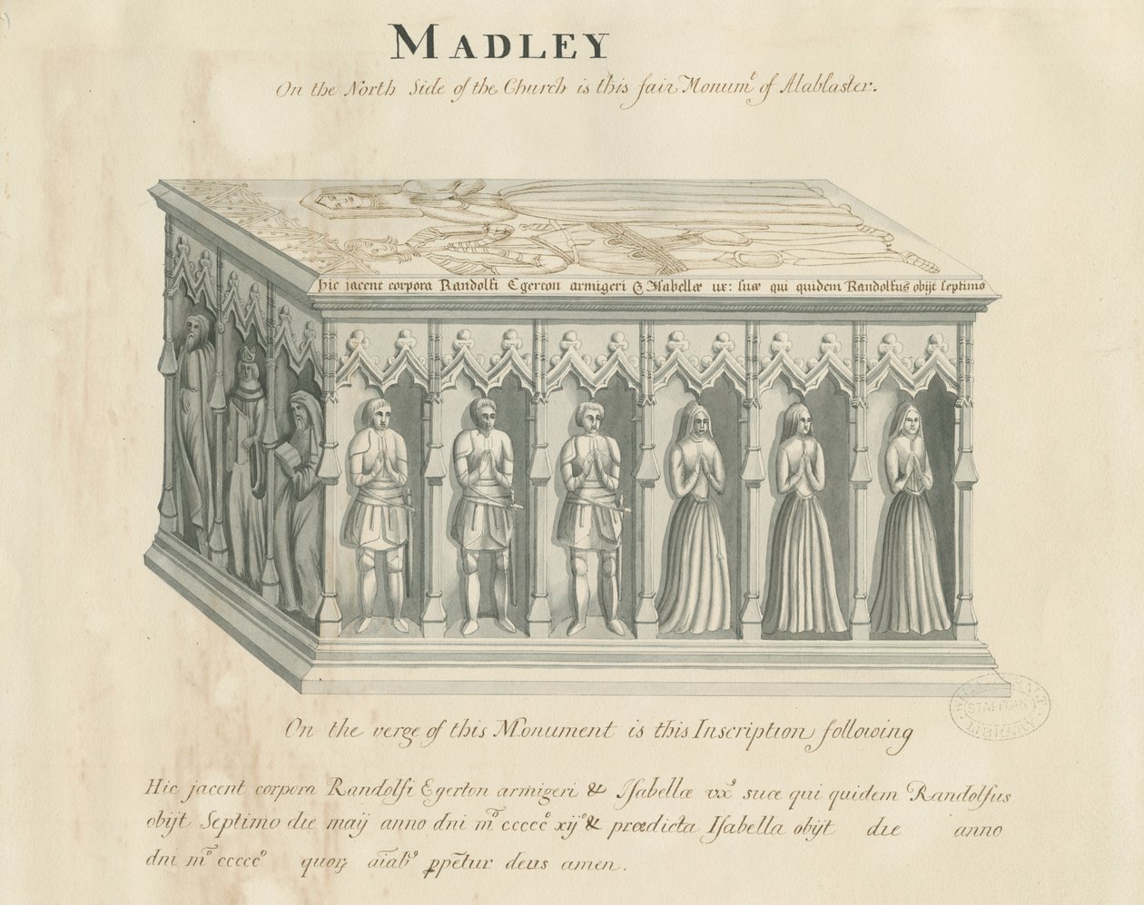 Église de Madeley - Monument à Randolf Egerton : dessin à la plume et au lavis, 19e siècle - John Robert Fernyhough