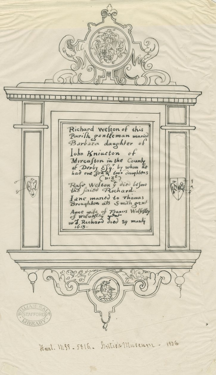 Église de Rugeley (ancienne) - Monument à Richard Weston : tracé à la plume et à l