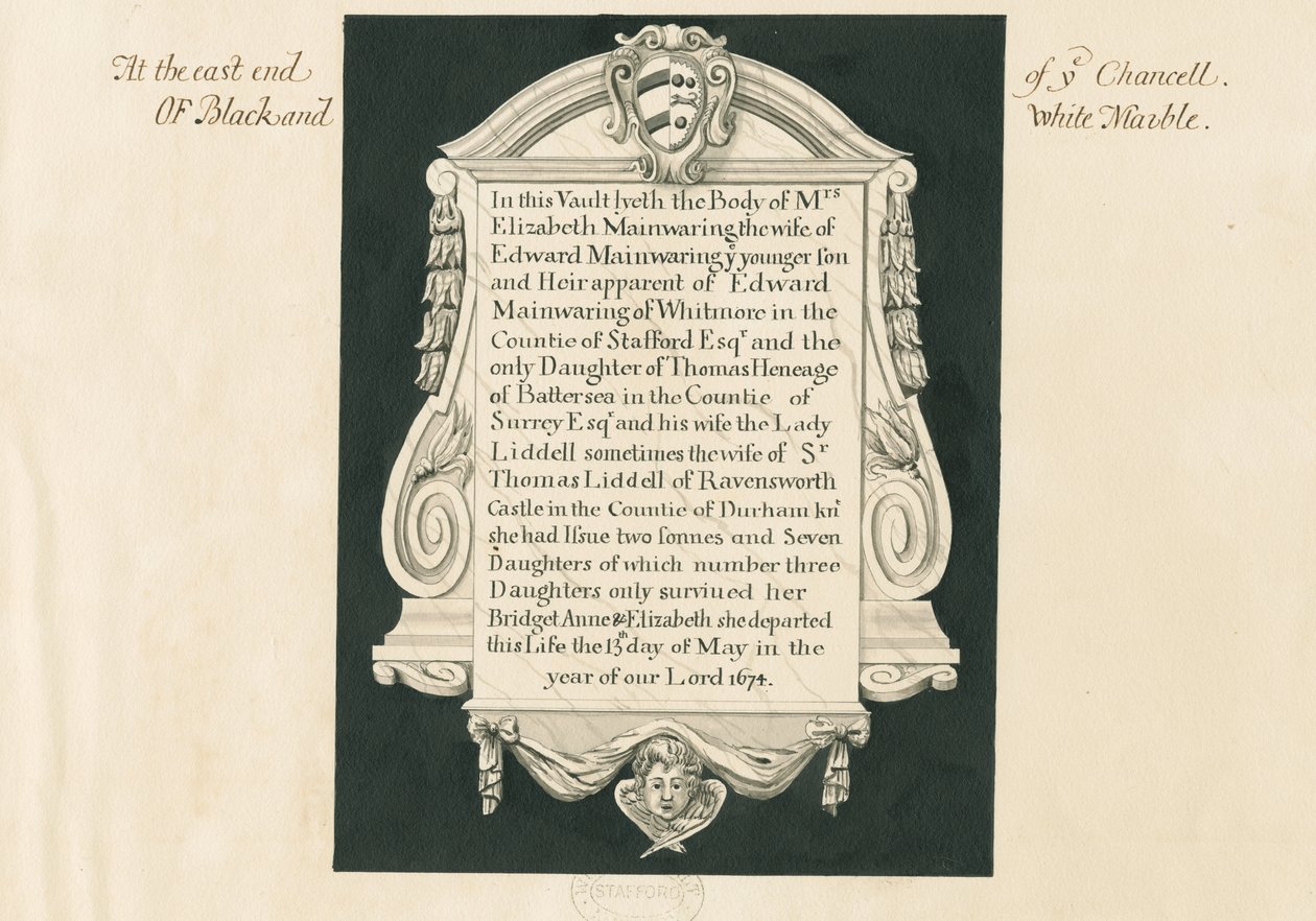Église de Whitmore - Tablette à Mme Elizabeth Mainwaring - John Robert Fernyhough