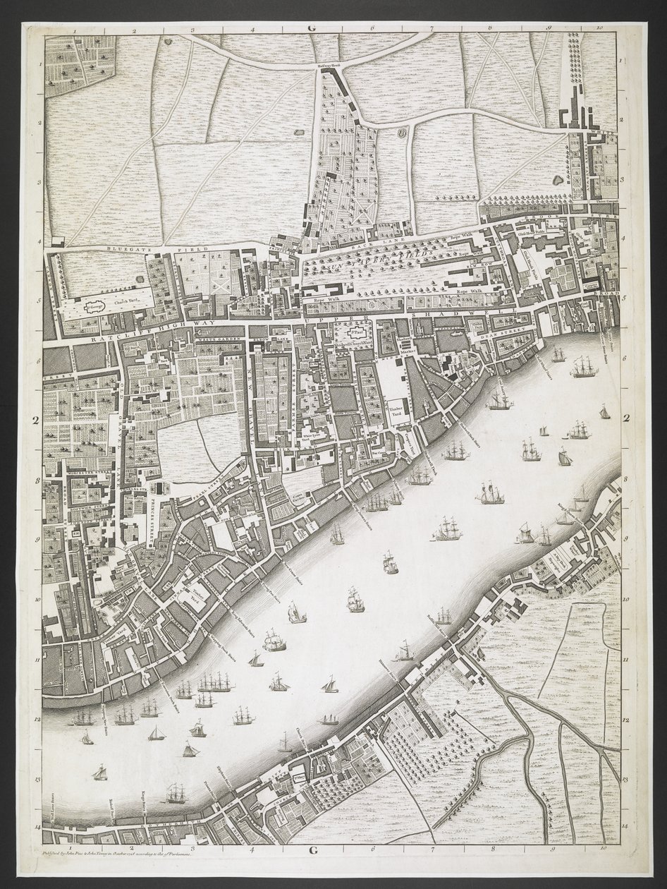 Plan de Londres, Ratcliff highway, Upper Shadwell road, Plan des villes de Londres et Westminster, et du borough de Southwark; : avec les bâtiments contigus; D