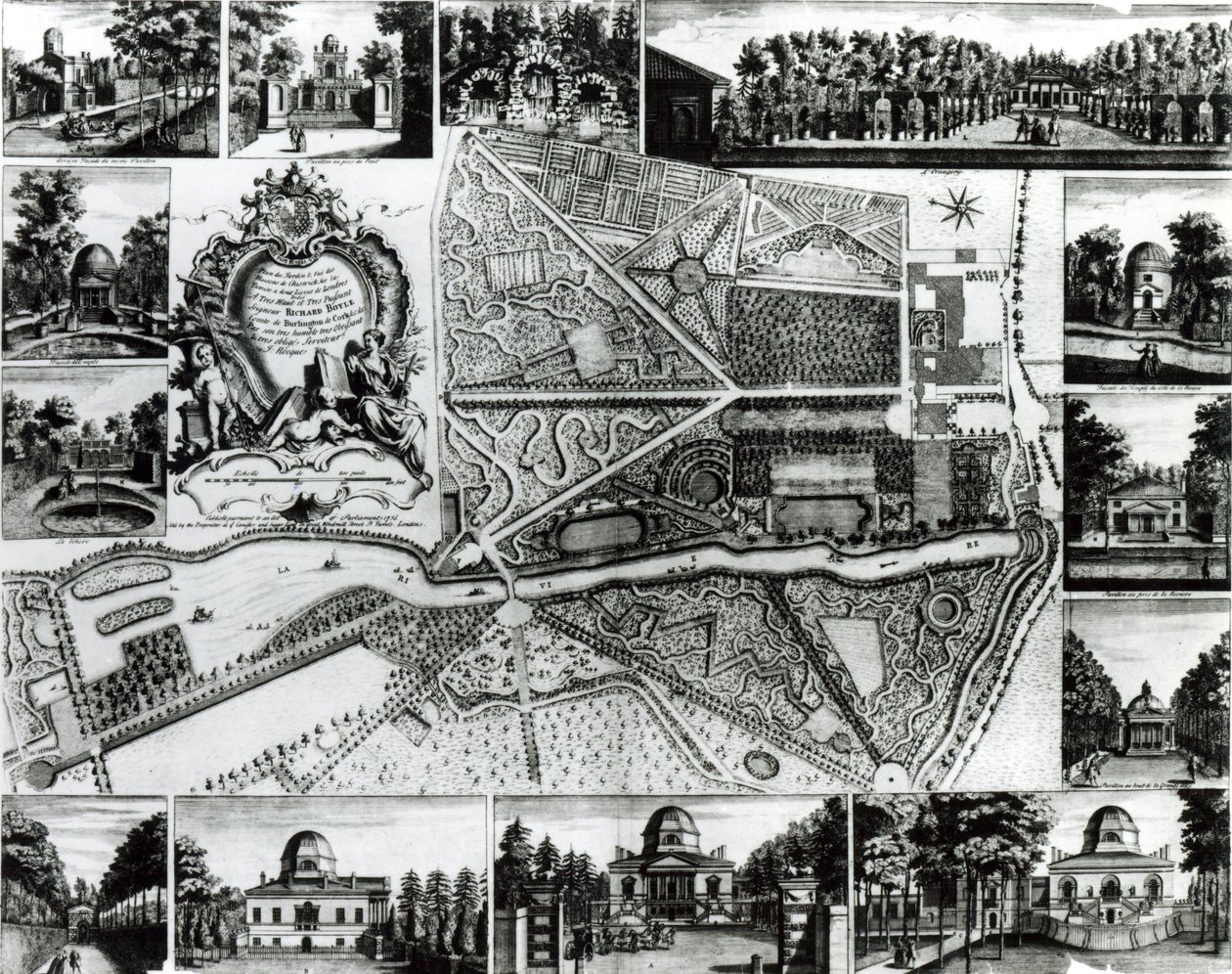 Plan du jardin et vue des maisons à Chiswick sur la Tamise - John Rocque