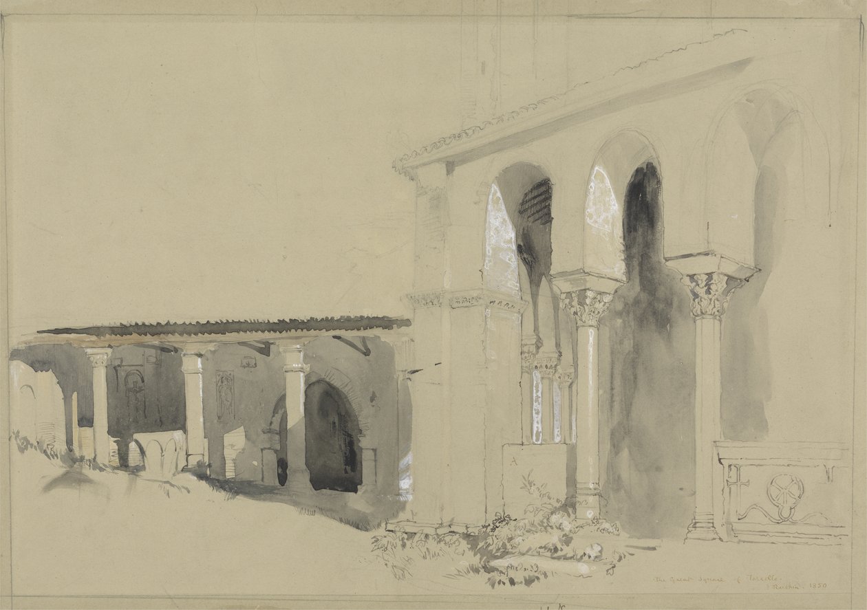 La Grande Place à Torcello, 1850 (plume, encre et lavis sur graphite avec gouache sur papier vélin brun) - John Ruskin