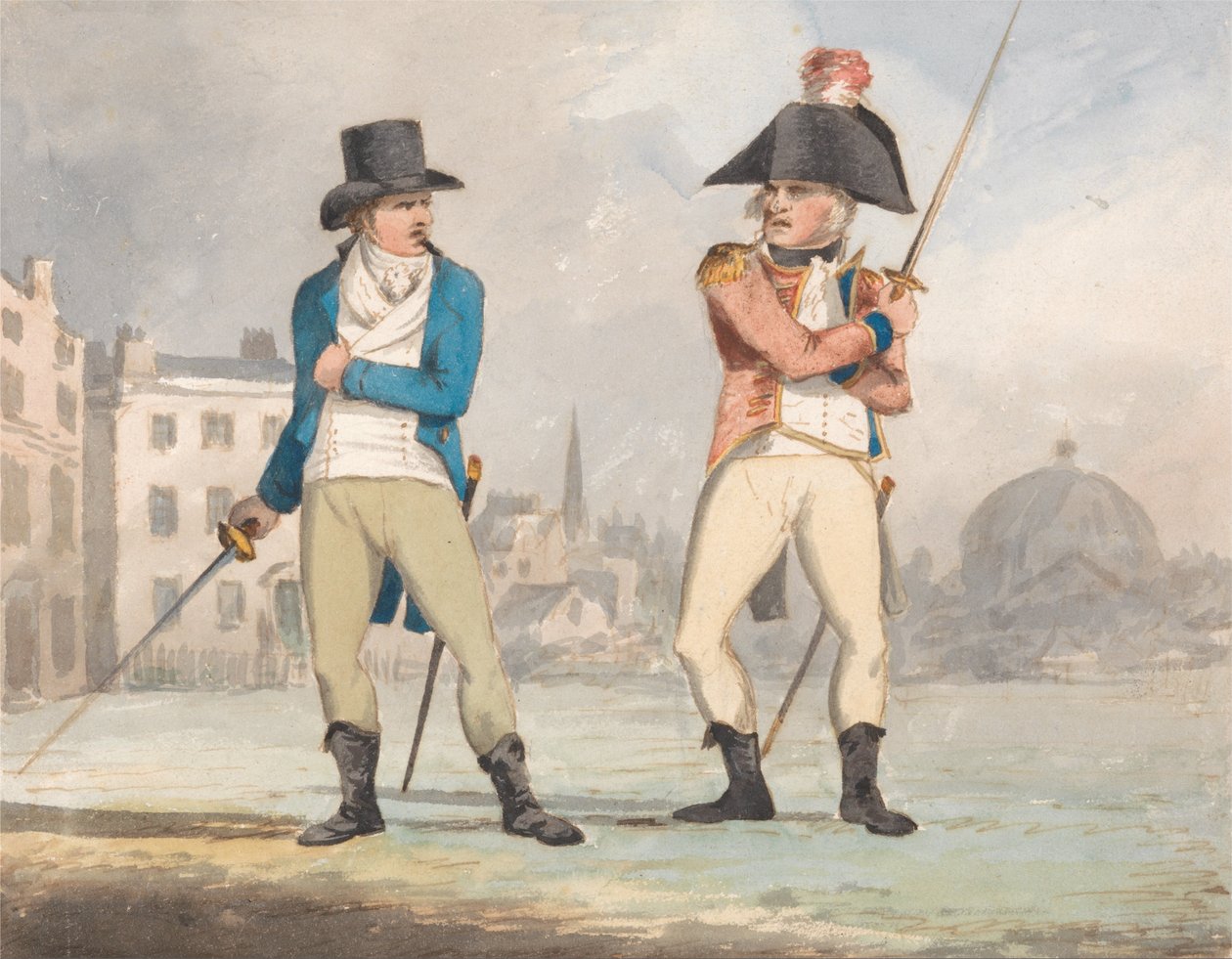 Caricature de deux hommes avec des épées dessinées (une d