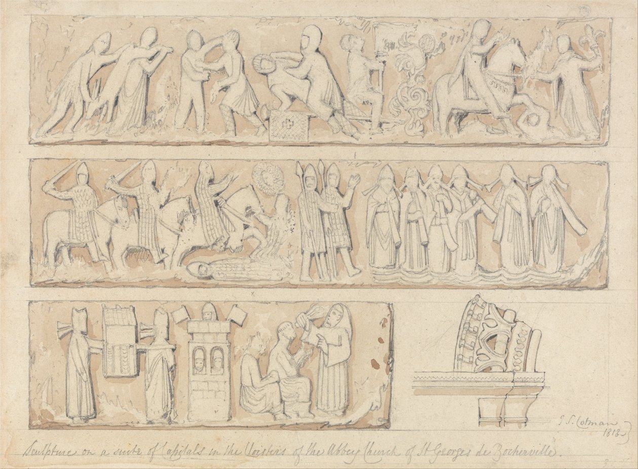 Sculpture sur une suite de chapiteaux dans le cloître de l