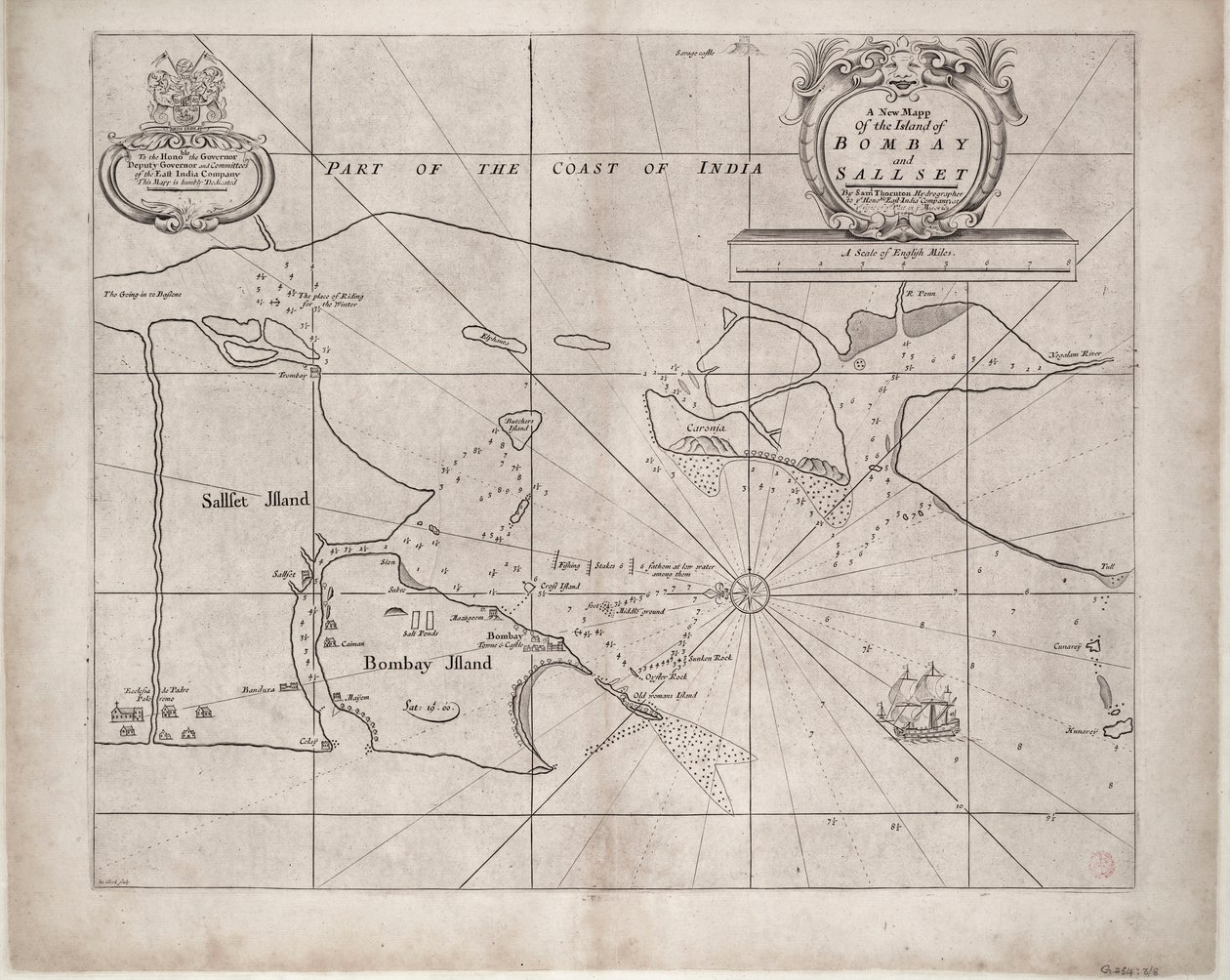 Carte de Bombay et Sallset par Samuel Thornton, hydrographe de la Compagnie des Indes orientales, publiée pour la première fois vers 1685 - John Seller