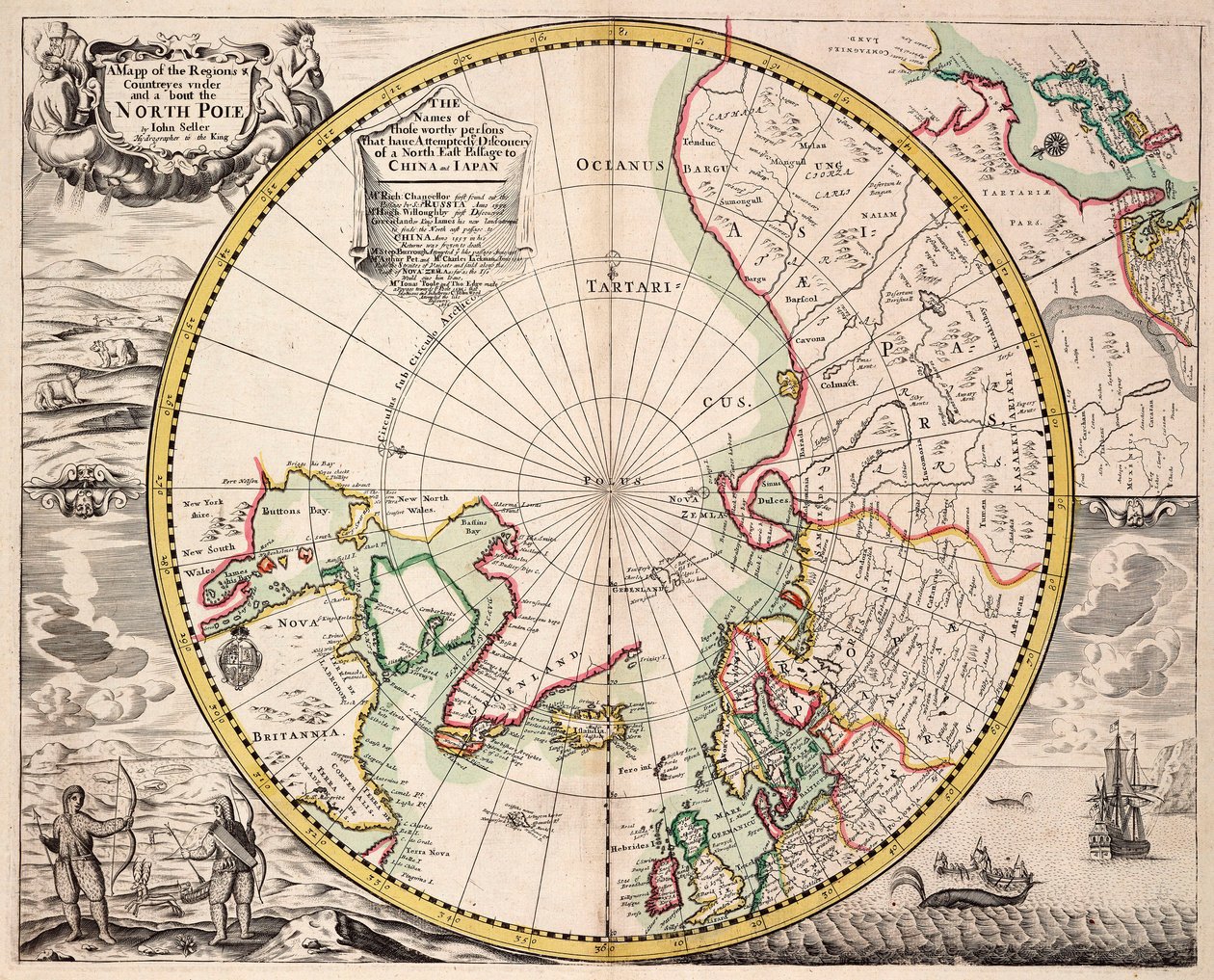 Carte de projection polaire avec cercle arctique, vers 1680 (gravure en couleur) - John Seller