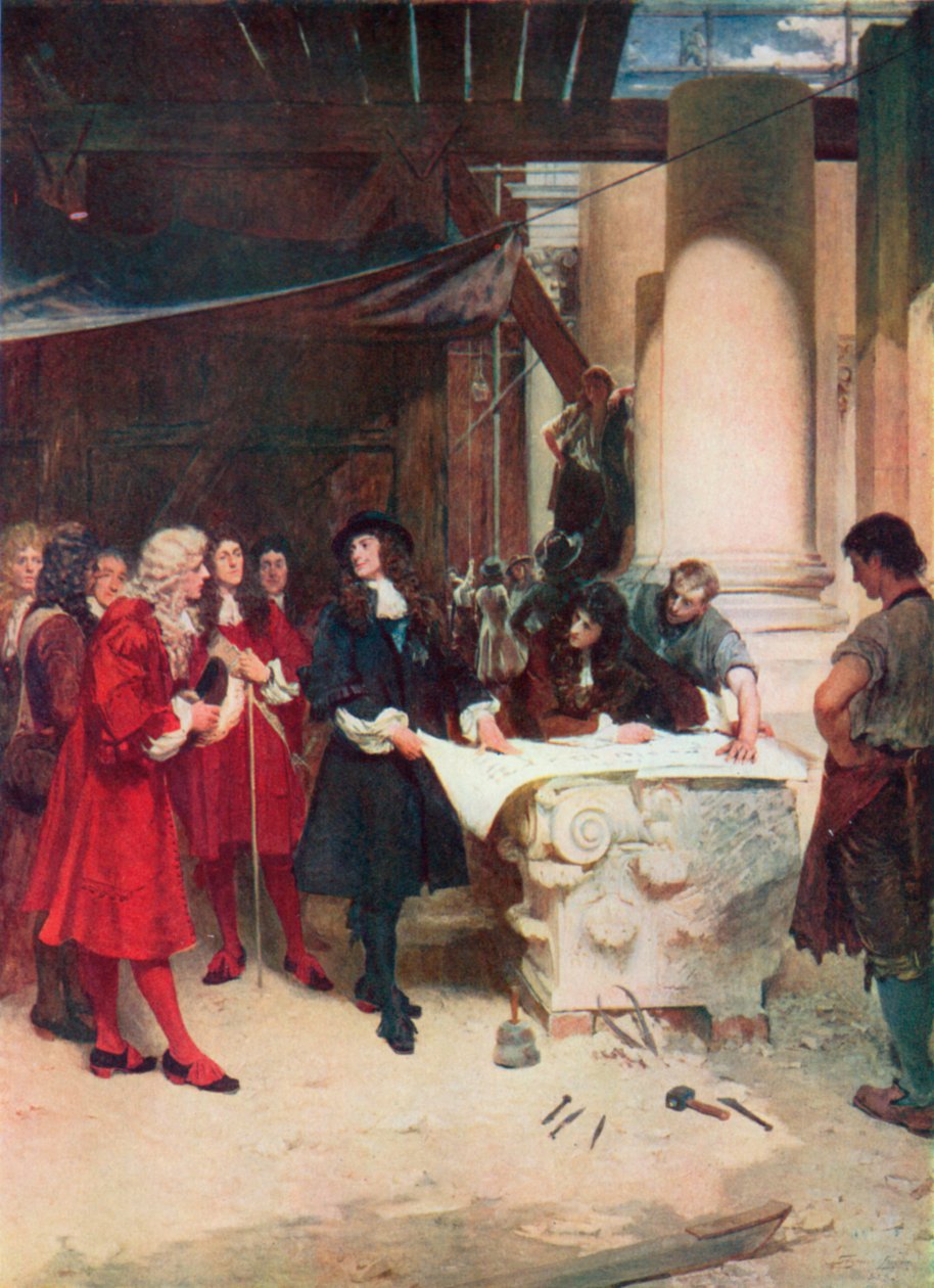 Visite du roi Charles à Wren pendant la construction de St Paul (lithographie couleur) - John Seymour (after) Lucas
