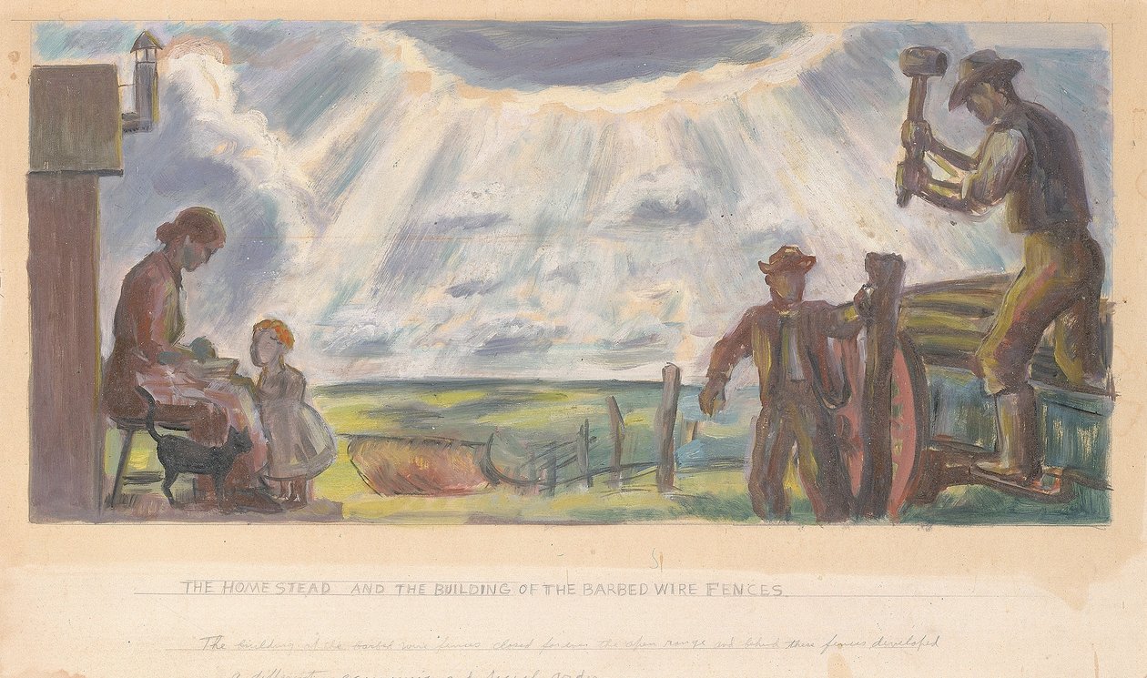 The Homestead and the Building of the Barbed Wire Fences (Étude murale pour le bâtiment intérieur, General Land Office, Washington, D.C.) - John Steuart Curry