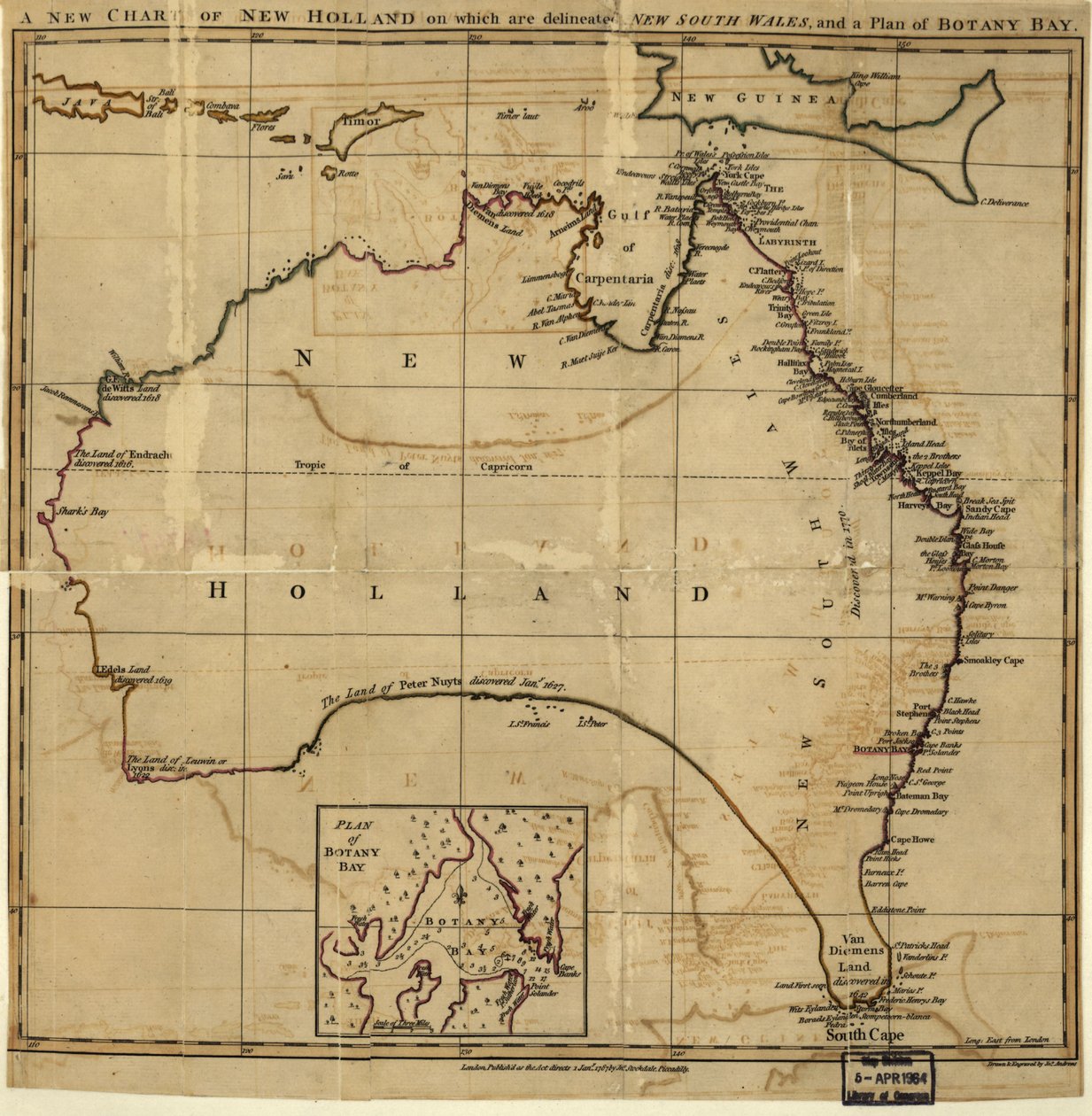 Une nouvelle carte de la Nouvelle-Hollande sur laquelle sont délimitées la Nouvelle-Galles du Sud et un plan pour Botany Bay. LOC 00556400 - John Stockdale
