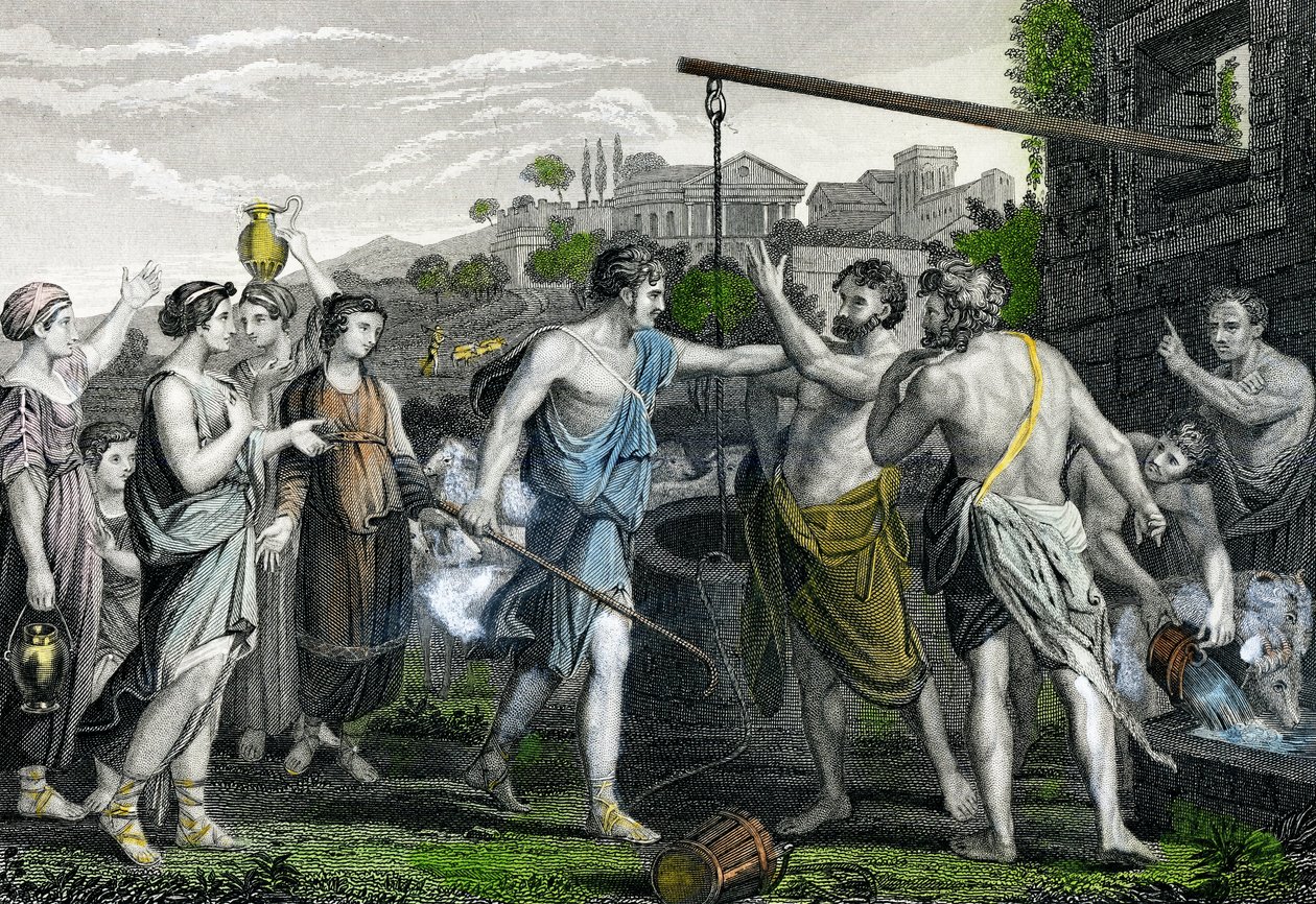 Moïse au puits, défendant les filles du prêtre de Madian contre les bergers - John Tallis