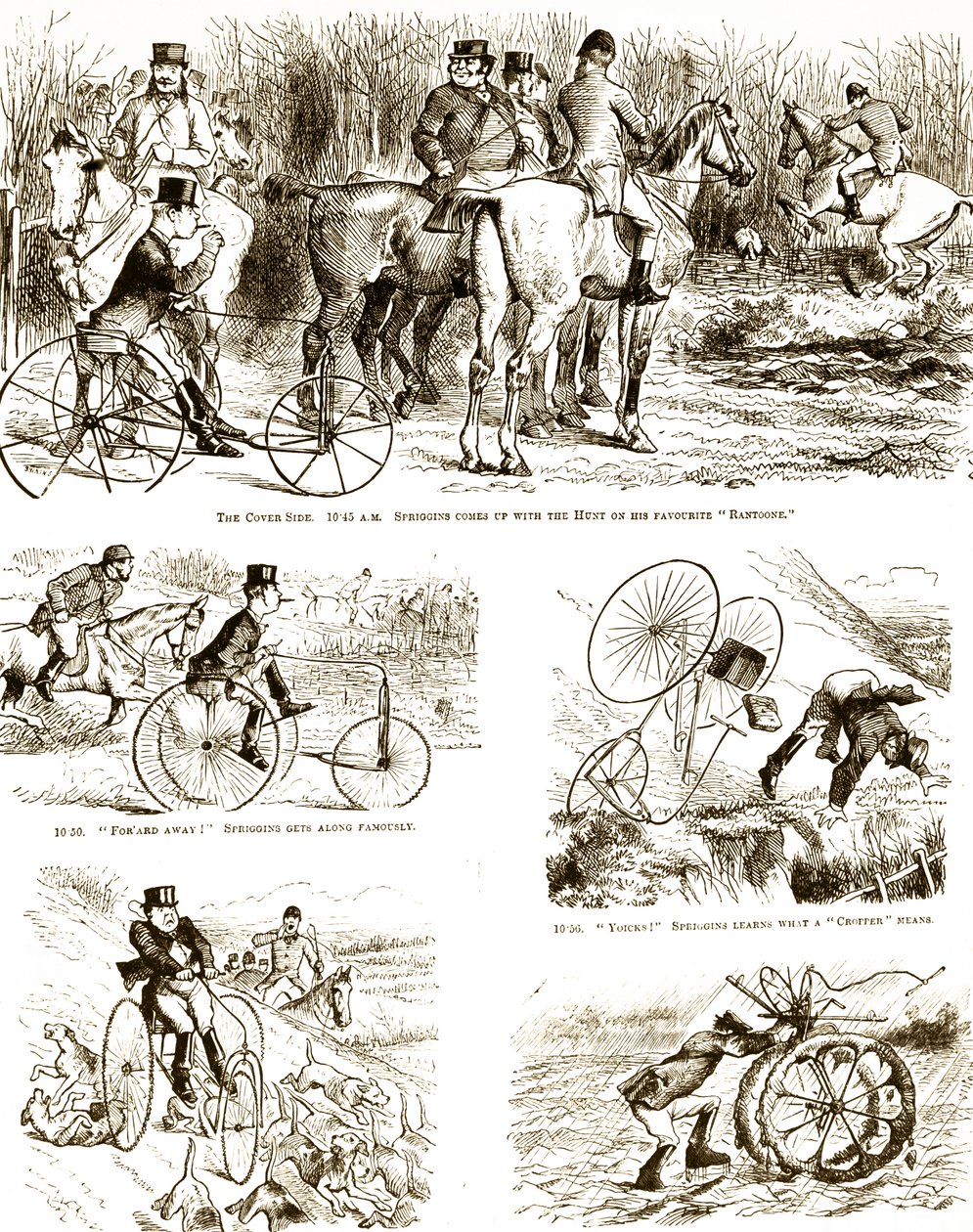 Caricature représentant un homme chassant sur un tricycle. Illustré par John Tenniel, illustrateur anglais - John Tenniel